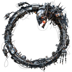 Fantastic horror metal frame border with mecha parts on transparent background