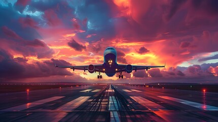 Sleek Passenger Jet Taking Off at Vibrant Sunset Sky with Dramatic Clouds
