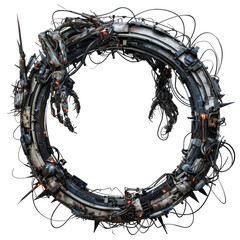 Fantastic horror metal frame border with mecha parts on transparent background