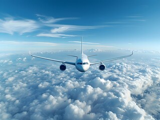 Fototapeta premium Commercial Passenger Airplane Flying High Above Clouds with Panoramic Landscape Below