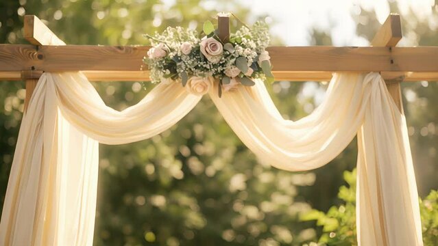 A dd canopy made from organic cotton fabric providing shade and a romantic ambience for an outdoor ceremony.