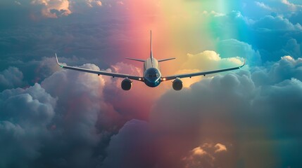 Naklejka premium Airplane Soaring Through Vibrant Rainbow Colored Sky with Ethereal Clouds