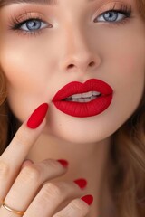 Fototapeta premium Elegant woman with red manicured nails touching lipstick, beauty concept for cosmetic presentation