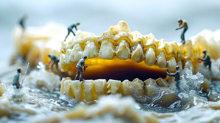 Miniature people working on giant teeth in a surreal dental maintenance scene, highlighting teamwork and creativity.