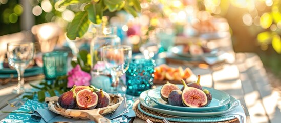 Naklejka premium Vibrant Summer Table Setting with Water Glasses, Fresh Figs, and Mockup Cards