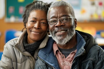 Fototapeta premium Portrait of a content afro-american couple in their 40s wearing a lightweight packable anorak over lively classroom background
