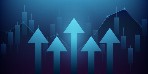 business financial graph with up arrows and trend line in stock market on blue color background