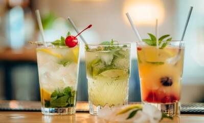 Fototapeta premium Assortment of Tropical Cocktails with Garnishes on Bar Counter