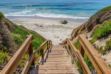 Obraz premium Wooden Stairs Leading to Sunny California Beach near Malibu