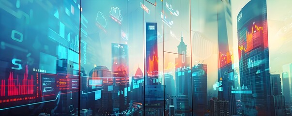 Futuristic City Skyline with Billboards Showcasing Company s Business Progress and Targets