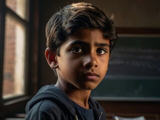 Obraz premium Generative AI. Portrait of young Latin schoolkid in classroom. Latin America education concept. Back to school in South America.