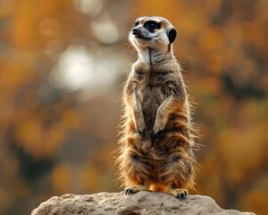 Fototapeta premium Curious Meerkat Standing Upright Alert on Rock in Natural Habitat