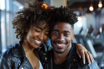 Fototapeta premium Portrait of a joyful afro-american couple in their 20s sporting a classic leather jacket isolated on dynamic fitness gym background