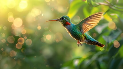 Fototapeta premium Vibrant Hummingbird in Midair with Iridescent Feathers Catching the Light