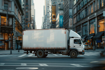 Semi-truck with a trailer delivering products in a modern city , highlighting the precision and vibrancy of modern logistics, empty side of the car for advertising, mockup