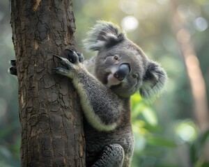 Obraz premium Sleepy Koala Clinging to Eucalyptus Tree in Serene Forest Setting