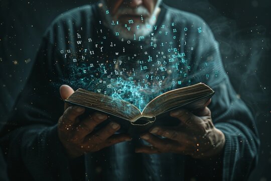 Man holds open book with letters emerging