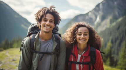 Smiling POC couple hiking with backpacks in mountains on sunny day