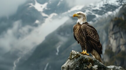 Fototapeta premium Majestic Bald Eagle Perched Amidst Mountainous Landscape