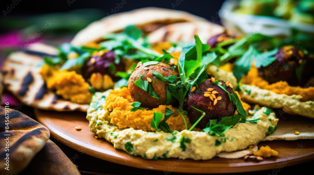 Wall mural Close-up of falafel wraps with creamy sauce and fresh greens