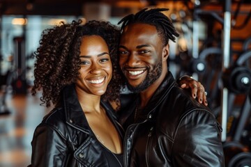 Fototapeta premium Portrait of a joyful afro-american couple in their 20s sporting a classic leather jacket isolated on dynamic fitness gym background