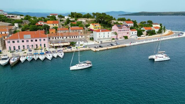 Sali is a picturesque village located on the island of Dugi Otok, Croatia, known for its charming harbor and serene coastal atmosphere captured by drone
