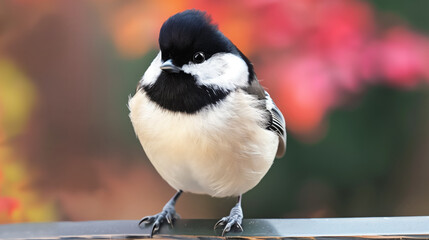 Obraz premium A black-capped chickadee perched on a metal surface, set against a backdrop of vibrant red and orange foliage