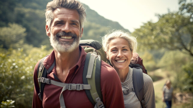 Middle aged couple walking on forest path with backpacks in summer