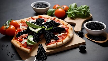 Pizza with black caviar is a masterpiece of culinary art. Luxurious presentation. Rich life.