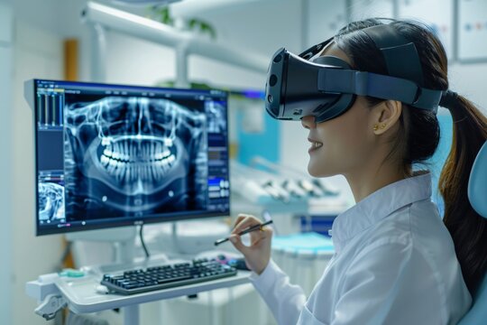 Female in dentistry with vr glasses and pen