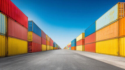 Fototapeta premium Container yard with a clear blue sky and ample ground space, focusing on global business logistics for freight carriers and cargo transportation