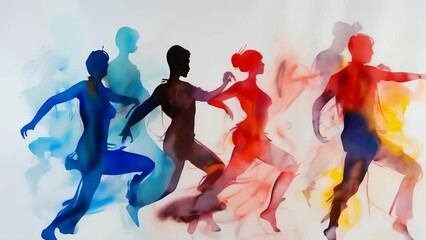 Colorful artwork of five silhouetted dancers in dynamic poses. The Peruvian artist uses vibrant blues, reds, and yellows to capture movement and energy. Fine art piece.