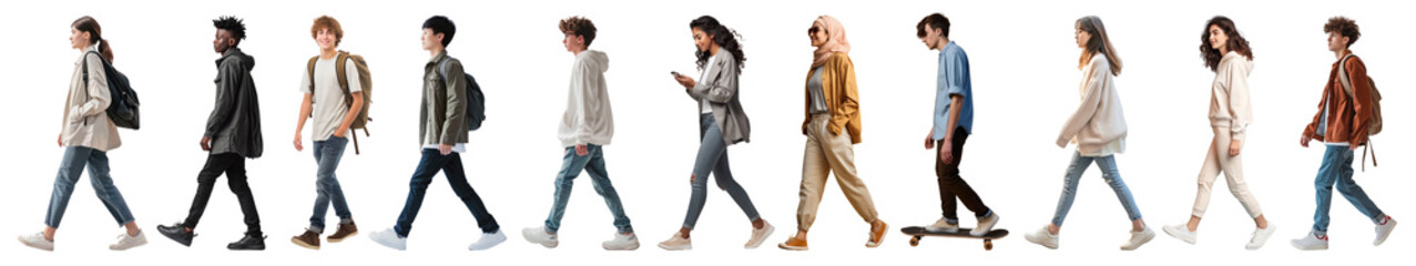 Diverse people walking full body set