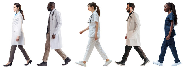 Diverse doctors walking full body set