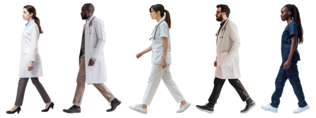 Diverse doctors walking full body set
