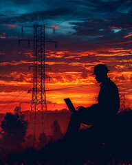 Silhouette of engineer working on laptop with high voltage pole on background.