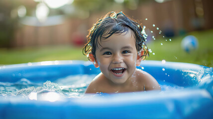 Happy Toddler Playing in Pool on Sunny Day