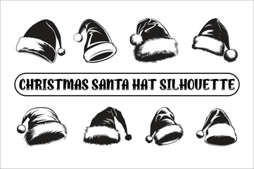 Santa hat set silhouettes Vector. Silhouettes of Santa hats. Vector illustration. Santa hat icons Santa cap. Christmas Santa hat collection.