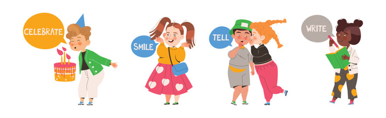 Little Boy and Girl Learning English Word Vector Illustration Set