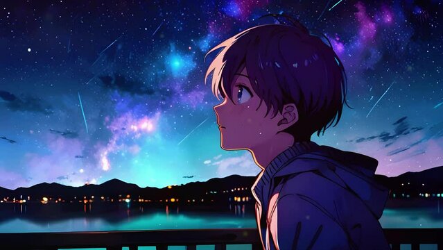 Cute Lofi boy Sad moody Urban night sky star view light , 2D Japanese Lo-fi Anime style 4K Seamless loop hip-hop chill vibes Relaxing music lofi bites animation Video