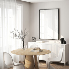 Frame mockup, ISO A paper size. Living room wall poster mockup. Interior mockup with house background. Modern interior design. 3D render
