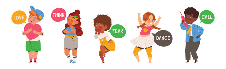 Little Boy and Girl Learning English Word Vector Illustration Set