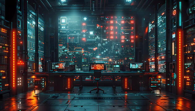 Automated Decision-Making Nexus, central command center where data algorithms make automated decisions, 