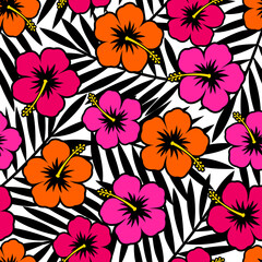 Hibiscus flower with palm leaf seamless pattern design for summer holidays background.
