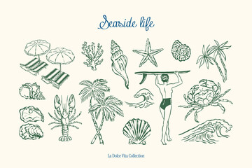 Minimalist hand drawn ocean beach vector illustration collection. Art for greeting cards, wedding invitations, poster design, postcards, branding, logo design, background.	