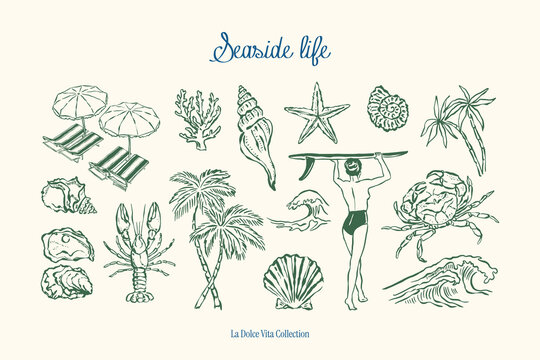 Minimalist hand drawn ocean beach vector illustration collection. Art for greeting cards, wedding invitations, poster design, postcards, branding, logo design, background.	
