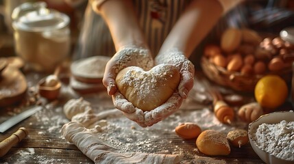 Hands holding heart-shaped dough in cozy baking scene with ingredients - Powered by Adobe