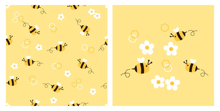Seamless pattern with bee cartoons, cute flower and beehive sign on yellow background. Bee cartoons and cute flower vector.