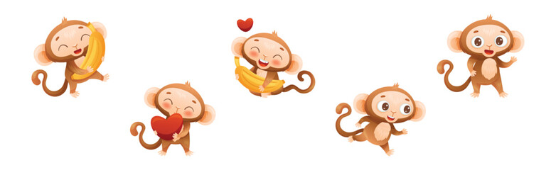 Funny Brown Monkey with Prehensile Tail Enjoying Different Activity Vector Set
