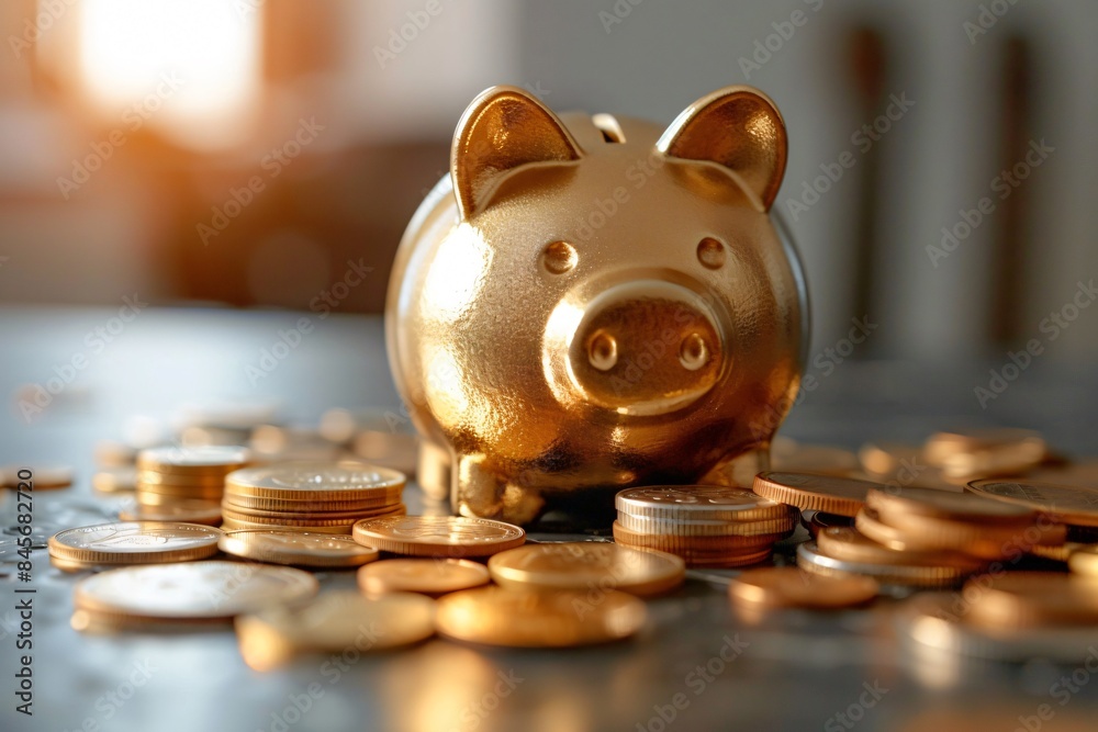 Wall mural A piggy bank and coins on a table